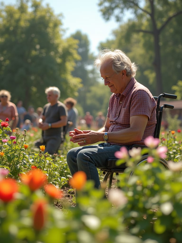 Elderly Man sitting in a garden on a very Sunny day