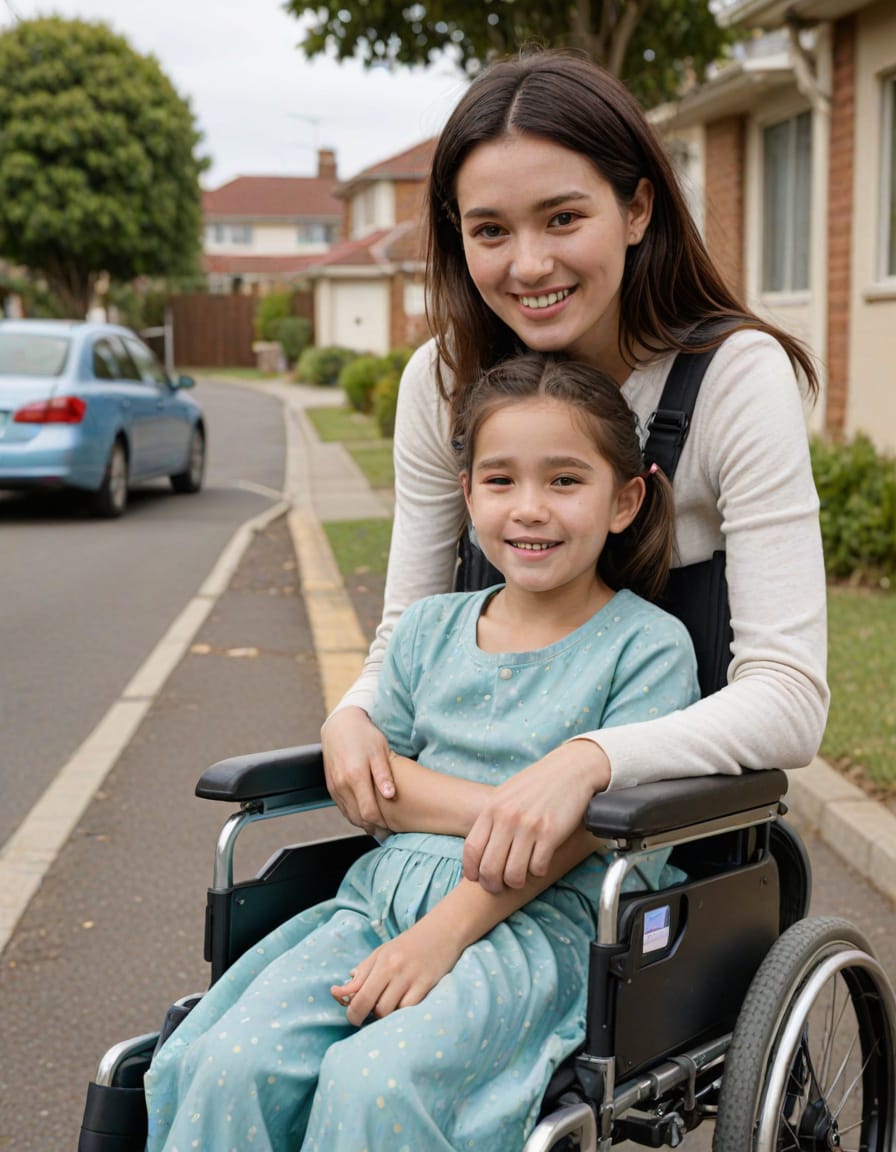 NDIS caregiver supporting a young girl in a wheelchair on a safe, residential street in Cranbourne West, promoting independence and community Prticipation