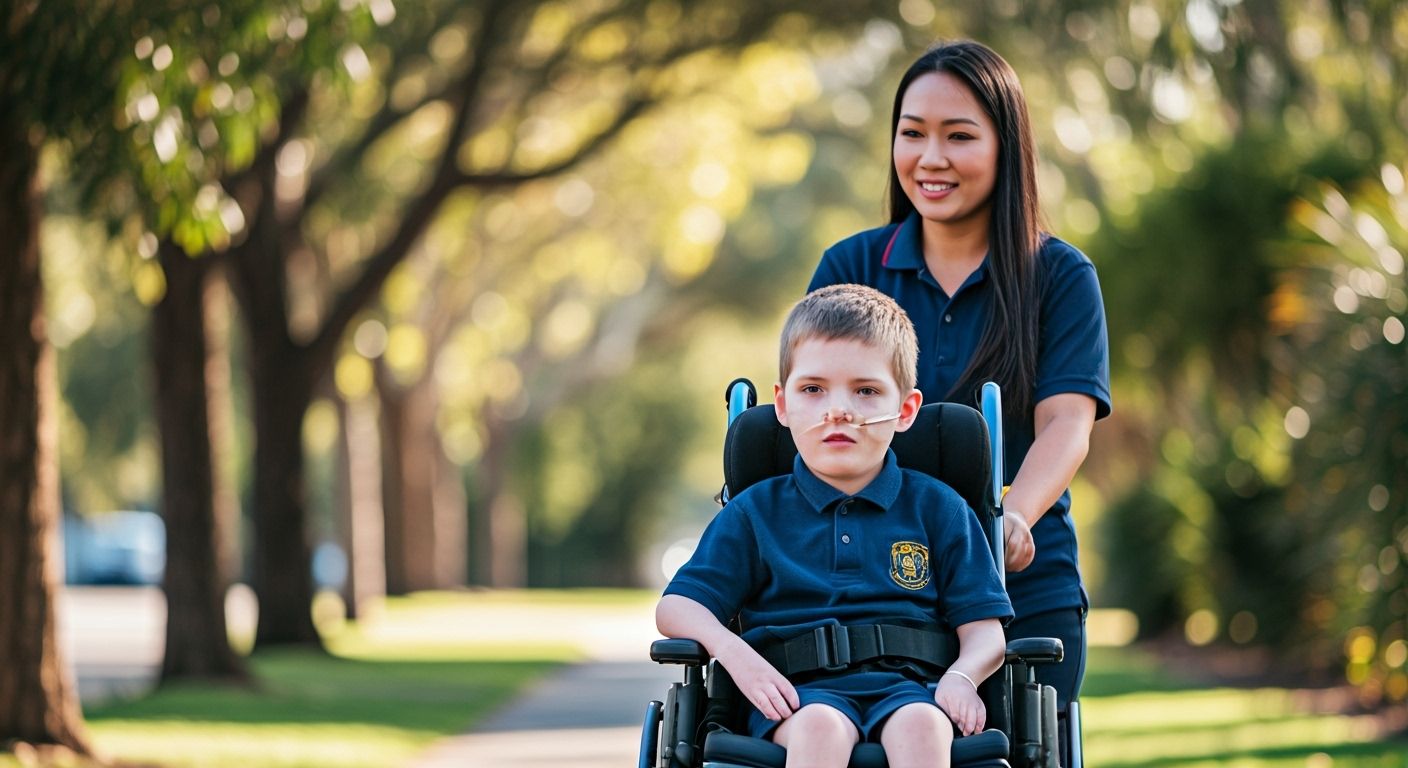 "Vietnamese female disability carer supporting a young child with cerebral palsy in a wheelchair with a nasogastric tube, walking together along a sunny Australian suburban street."