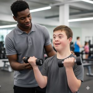 Inclusive NDIS physical therapy session: Support worker coaching young client with down syndrome with dumbbells in accessible gym in South East Melbourne