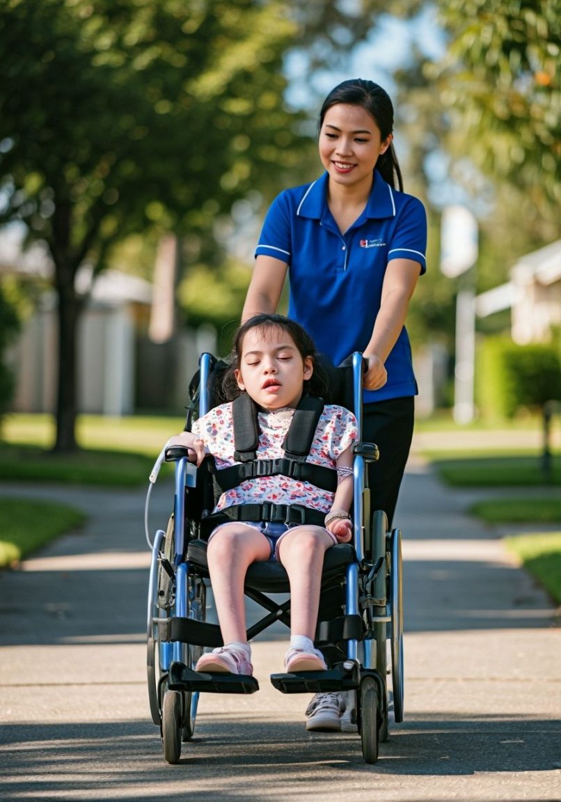 NDIS support worker assisting a boy in a wheelchair during a community outing along a tree-lined path in lynbrook